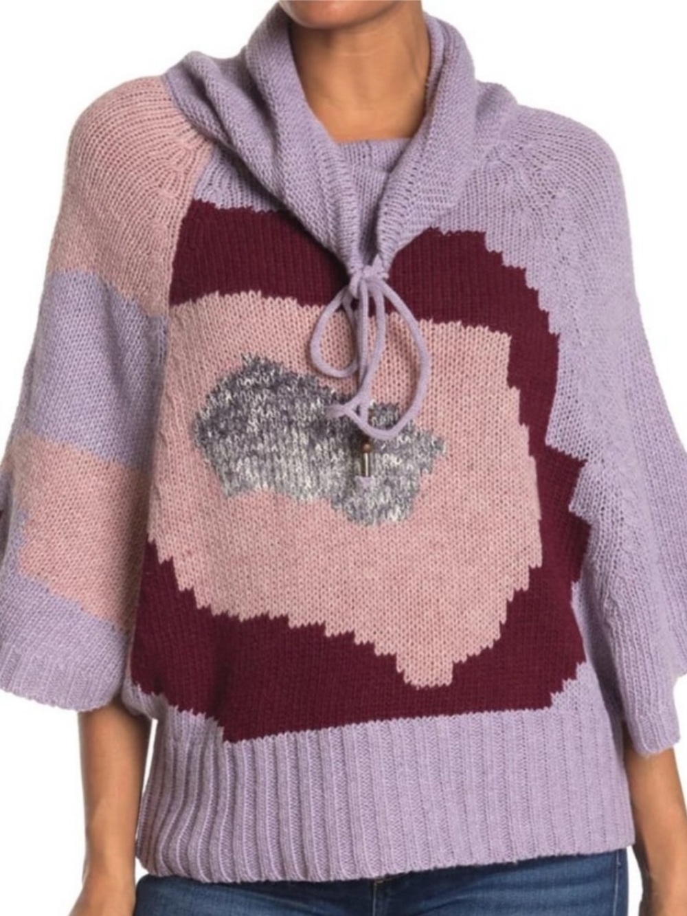 Vertigo Paris Wool Blend Printed Cowl Neck Sweater Lavender Abstract Knit small
